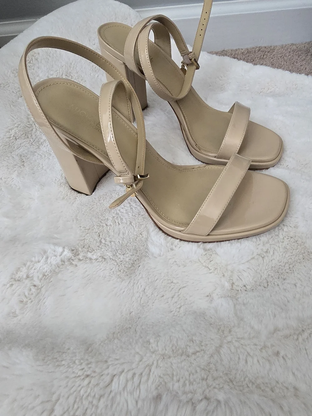 Michael Kors Beige Patent Block Heel Sandals with Ankle Strap